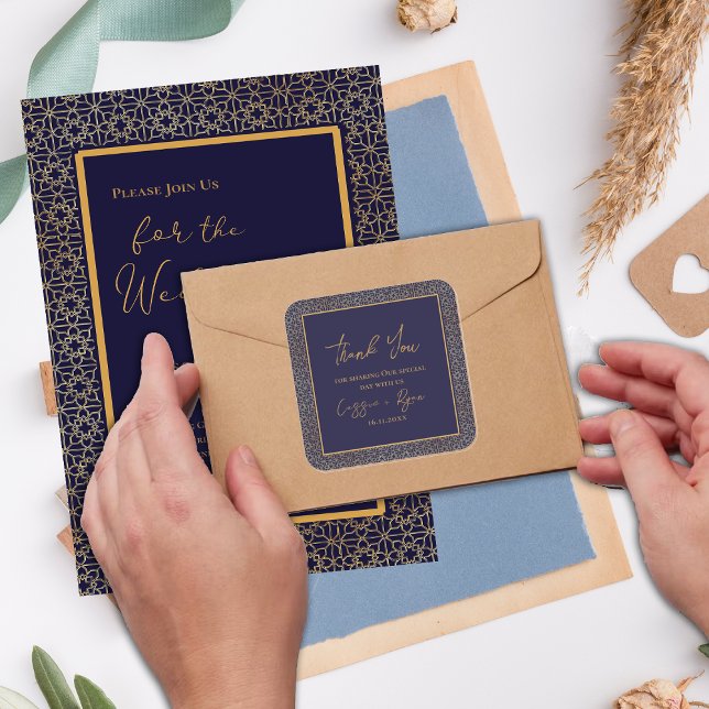 Regal Navy und Gold Design Wedding Vielen Dank Quadratischer Aufkleber (Regal Navy and Gold Design Wedding Thank You Square Sticker)