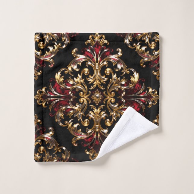 Regal Noir Pattern | Gold Scrollwork & Crimson Badhandtuch Set (Waschlappen)