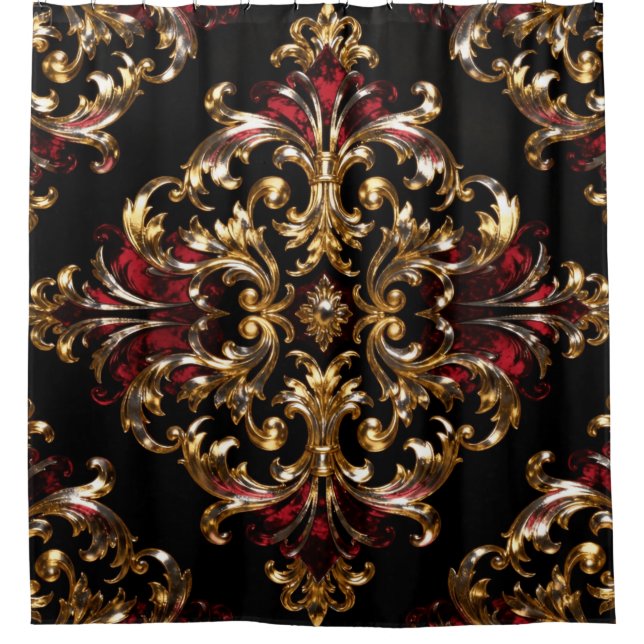 Regal Noir Pattern | Gold Scrollwork & Crimson Duschvorhang (Vorderseite)