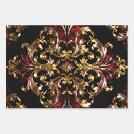 Regal Noir Pattern | Gold Scrollwork & Crimson Geschenkpapier Set