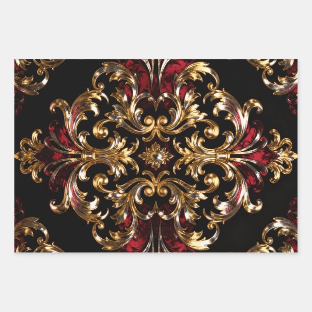 Regal Noir Pattern | Gold Scrollwork & Crimson Geschenkpapier Set (Vorderseite)