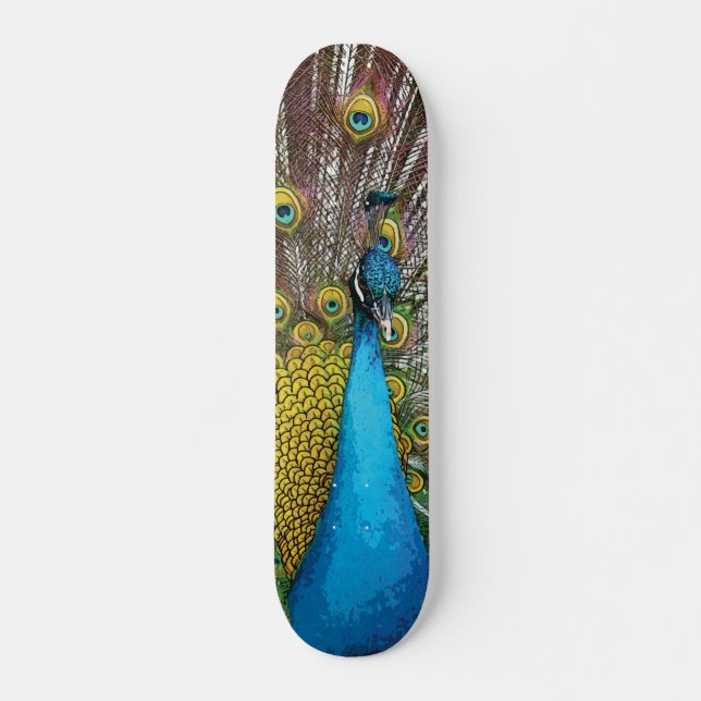 Regal Peacock mit Aquamarinen Blue and Gold Feathe Skateboard (Vorne)