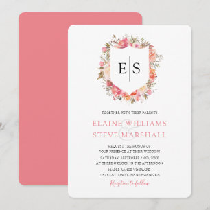 Regal Pink Floral Monogram Wappen Wedding Einladung