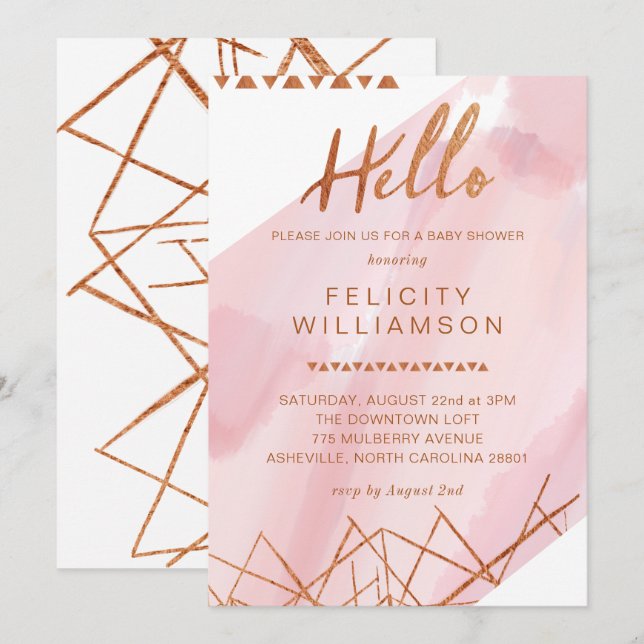 Regal Pink, Gold Watercolor Kinderdusche Einladung (Vorne/Hinten)