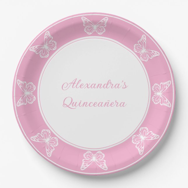 Regal Pink Quinceañera - Schmetterling entsorgen Pappteller (Vorderseite)