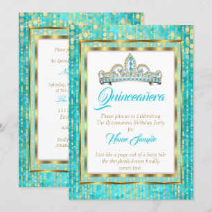 Regal Princess Blue Aquamarin Quinceanera Gold Whi Einladung