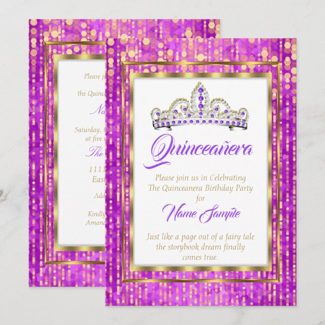 Regal Princess Lila Quinceanera Gold White Einladung (Vorne/Hinten)