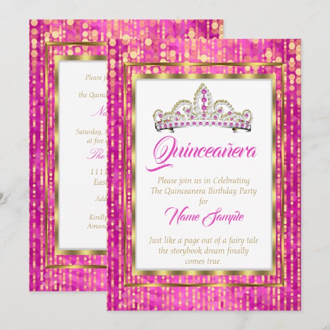 Regal Princess Pink Quinceanera Gold White Einladung (Vorne/Hinten)
