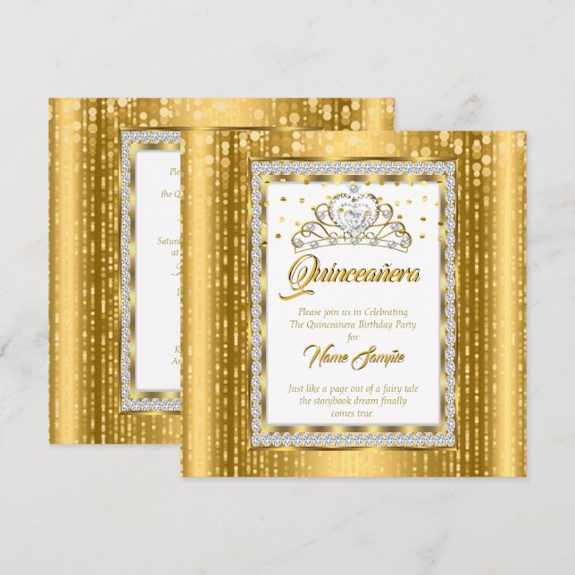 Regal Princess Quinceanera Gold White Diamond Einladung (Vorne/Hinten)