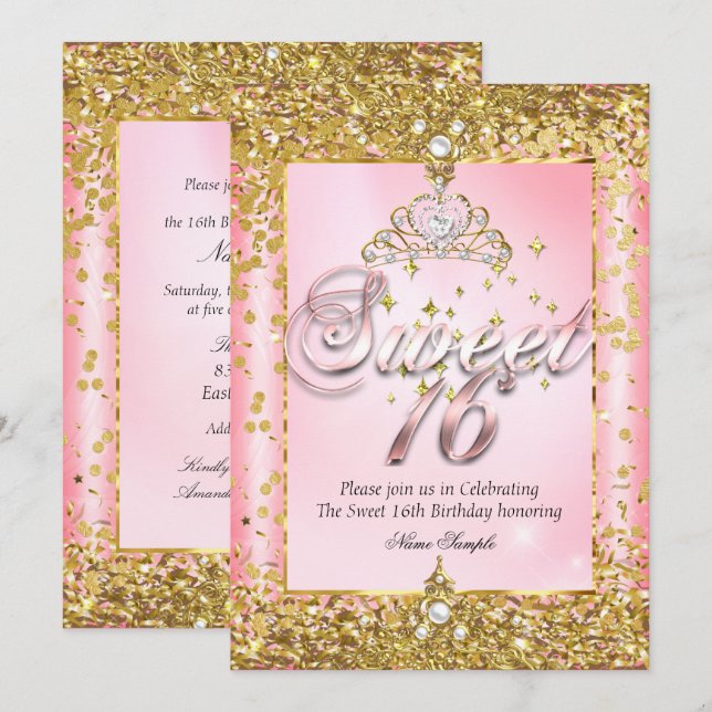 Regal Princess Sweet 16 Gold Blush Pink Party Einladung (Vorne/Hinten)