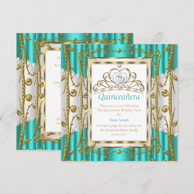 Regal Quinceanera 15. Aquamarin Jade Gold White Ti Einladung (Vorne/Hinten)