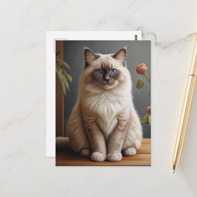 Regal Ragdoll Cat Portrait Fluffy Blue Mit Augen Postkarte (Vorderseite/Rückseite Beispiel)