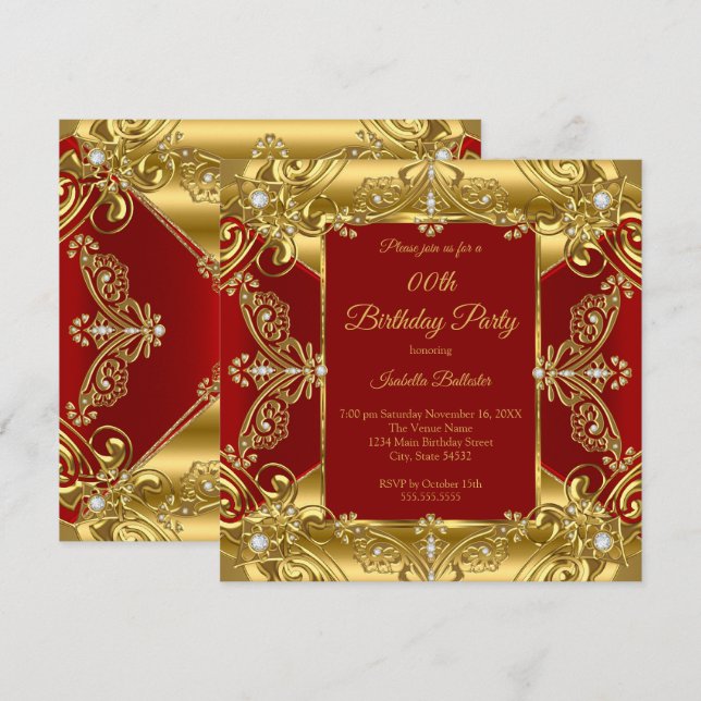 Regal Red Birthday Party Verziert Gold Imitate Dia Einladung (Vorne/Hinten)