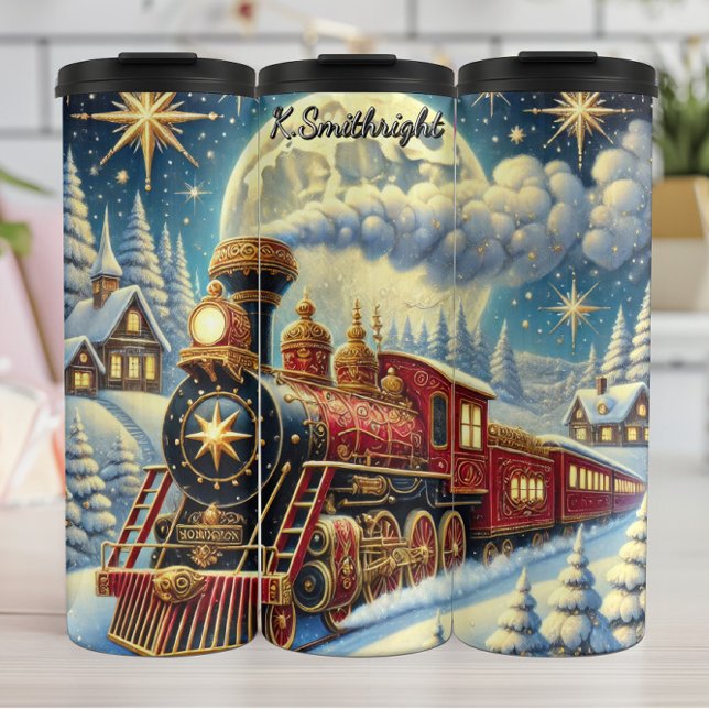 Regal Red Christmas Train Moonlit Journey Thermosbecher (Von Creator hochgeladen)