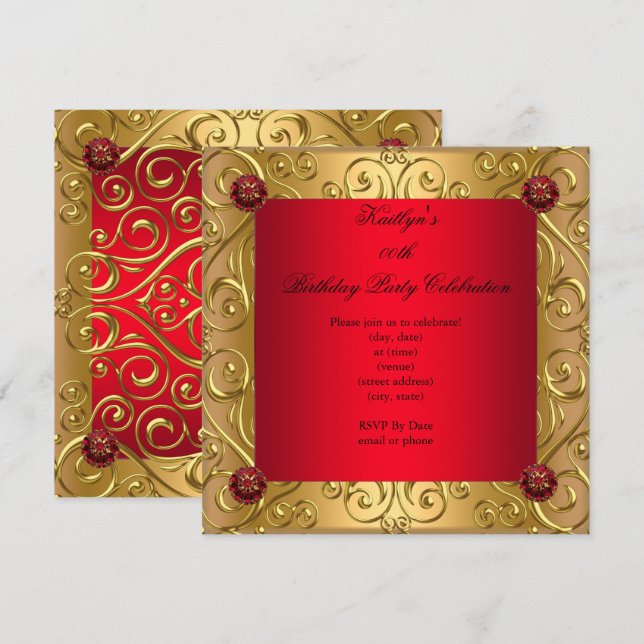 Regal Red Elegant Birthday Party Damask Gold Einladung (Vorne/Hinten)