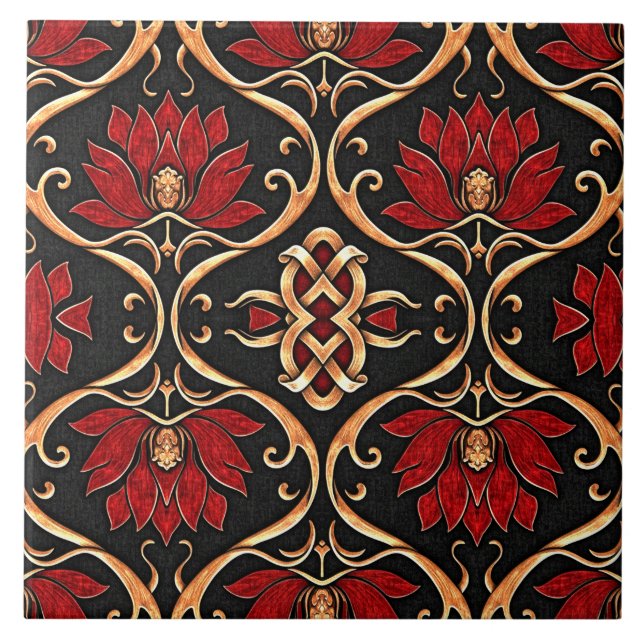 Regal Red Lotus & Golden Filigree Pattern Fliese (Vorderseite)