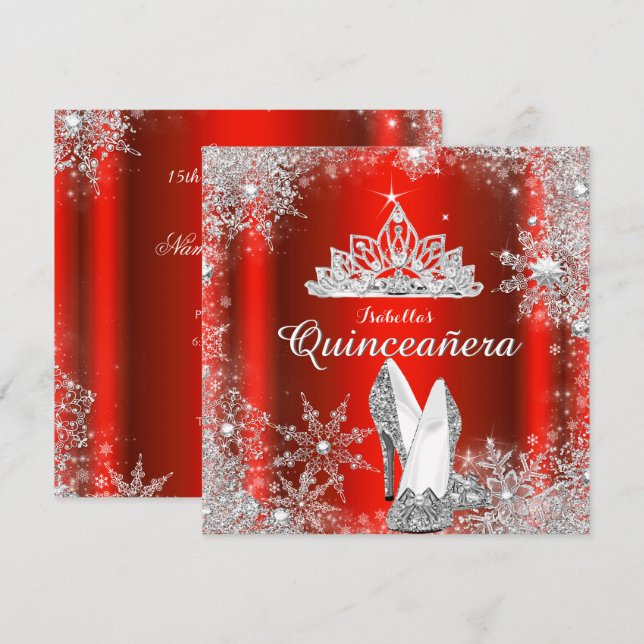 Regal Red Quinceanera Silver Tiara 15. Geburtstag Einladung (Vorne/Hinten)