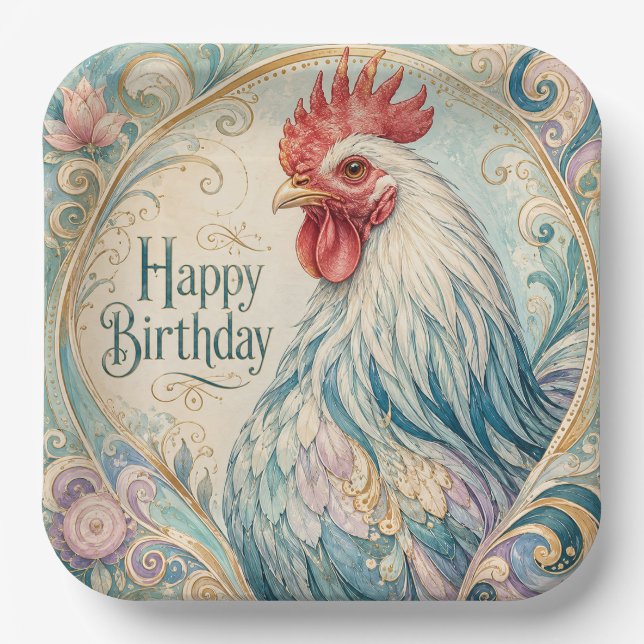 Regal Rooster Geburtstagsflor Pappteller (Vorderseite)