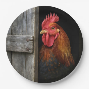 Regal Rooster pinkelt um Barntür herum Pappteller