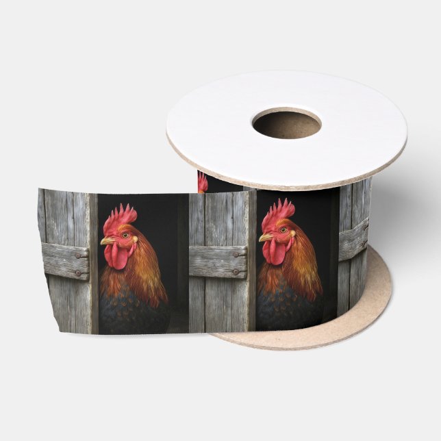 Regal Rooster pinkelt um Barntür herum Satinband (Spule)