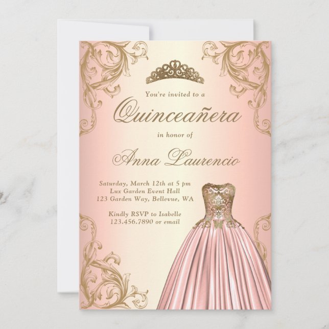 Regal Rose Gold Damask Decorative Quinceanera Einladung (Vorderseite)