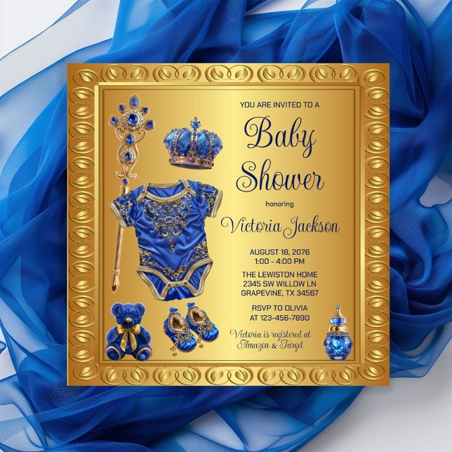 Regal Royal Blue Gold Prince Baby Dusche Einladung (Celebrate your little prince with  our royal blue and gold royal essentials baby shower invitation!)
