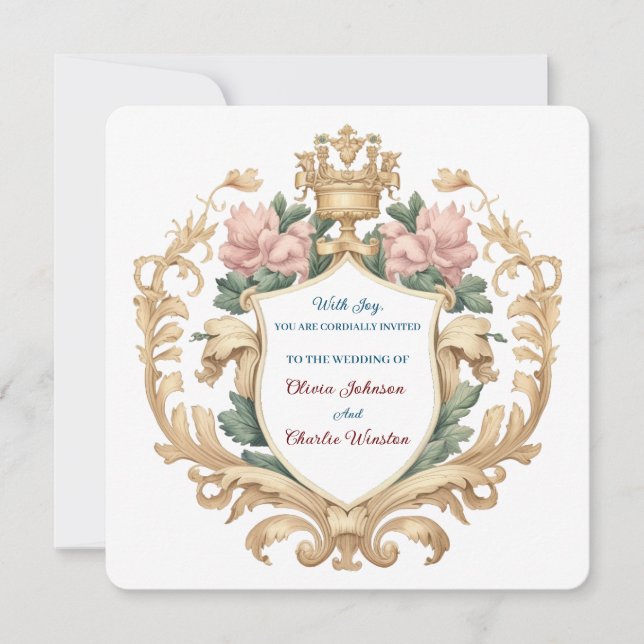 Regal Royal Crest Floral Wedding Elegant Romantic Einladung (Vorderseite)