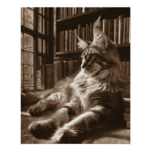 Regal Sepia Maine Coon Bibliothek Katzen Kunst Poster