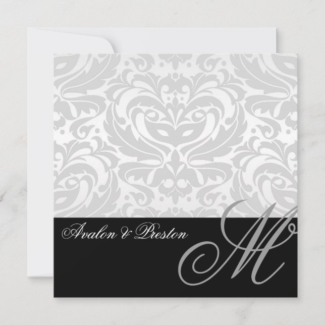 Regal Silver Monogram Damask Hochzeit Einladung (Vorderseite)