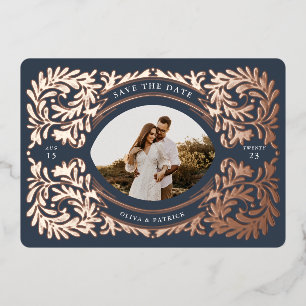 Regal verziert Save the Date Foto Frame Navy Folieneinladung