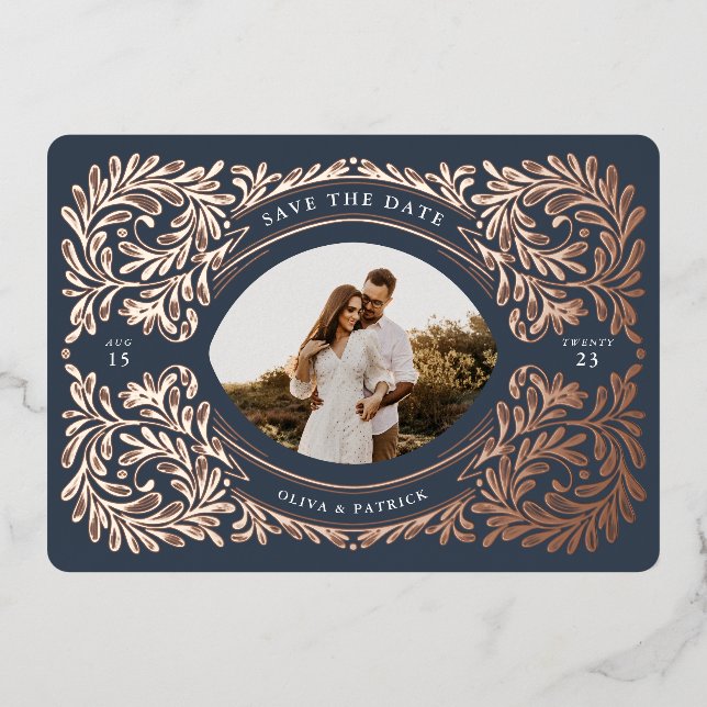 Regal verziert Save the Date Foto Frame Navy Folieneinladung (Vorderseite)