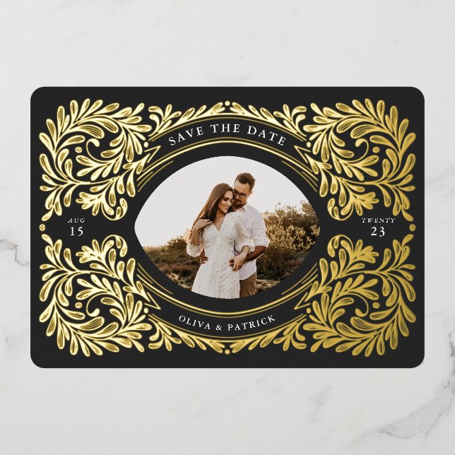 Regal verzierter Save the Date Foto Rahmen Folieneinladung (Vorderseite)