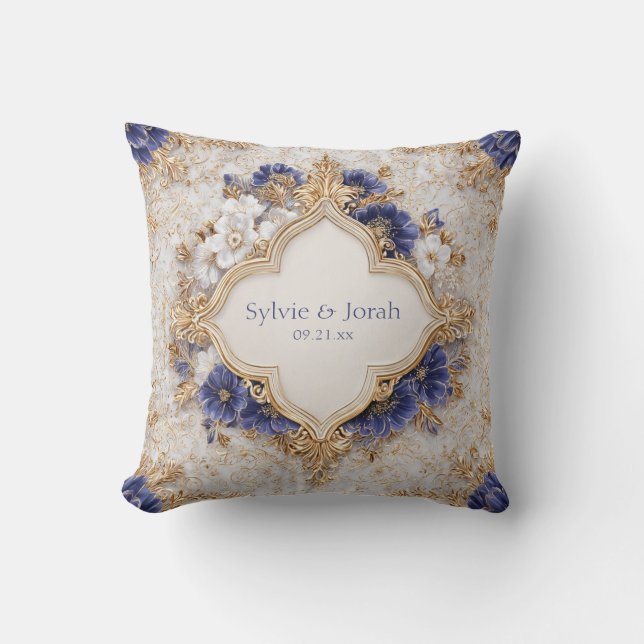 Regal Viktorianisch Blue and Gold Floral Elegante Kissen (Vorderseite)