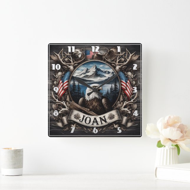 Regaladler mit Bergen und Fahnen Quadratische Wanduhr (Zuhause)