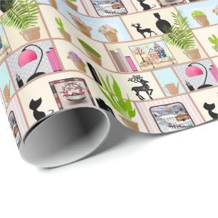 Regale mit Blumen, Büchern und Dekorationen Geschenkpapier