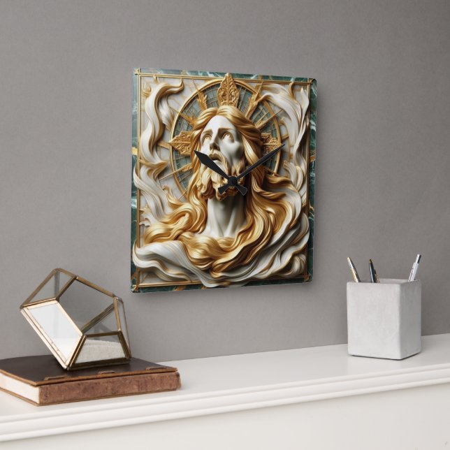 Regale Reverenz Jesus in Gold Quadratische Wanduhr (Büro)