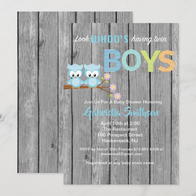 Regardez qui a la carte Baby shower Twin Boys (Devant / Derrière)