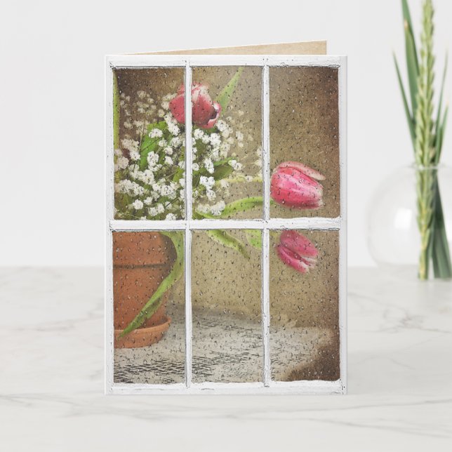 Regen am Fenster mit Tulpenbouquet Karte (Vorderseite)