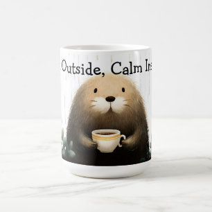 Regen draußen, Ruhe drinnen. Maulwurf trinkt Kaffe Kaffeetasse