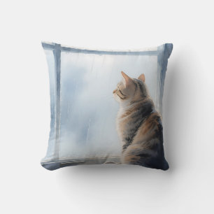 Regen-Wasserfarben-Tabbykatze am Fenster Kissen