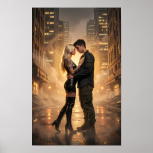 Regenbeleuchtete Liebende in einem goldenen Straße Poster