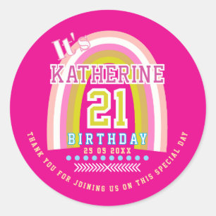 Regenbogen 21. Geburtstag Hot Pink Runder Aufkleber