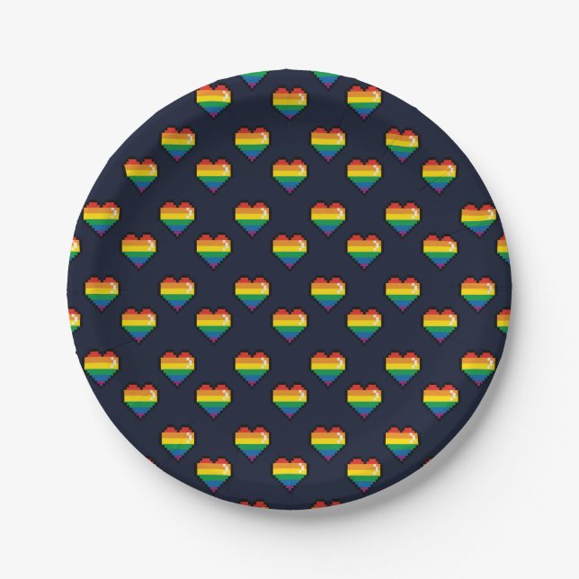 Regenbogen 8 Bit Herzstück Muster Pappteller (Vorderseite)
