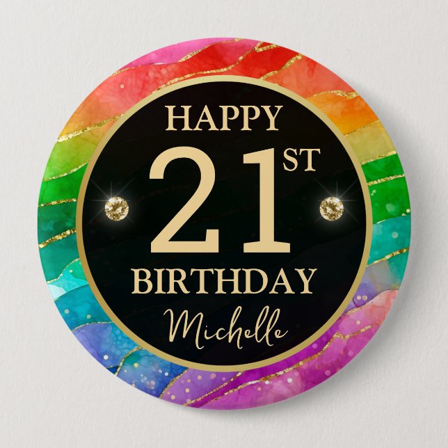 Regenbogen-Achat-Gold-Glitter-Geburtstagsabzeichen Button (Vorderseite)