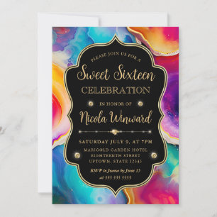 Regenbogen-Achat-Wirbel Elegant Schwarz Sweet 16 Einladung