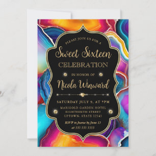 Regenbogen-Achat-Wirbel Elegant Schwarz Sweet 16 Einladung