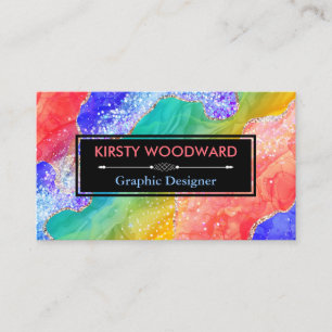 Regenbogen-Alkohol-Tinte & Gold-Faux-Glitter-Achat Visitenkarte
