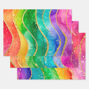 Regenbogen-Alkohol-Tinte-Gold-Glitter-Abstrakt-Des Geschenkpapier Set