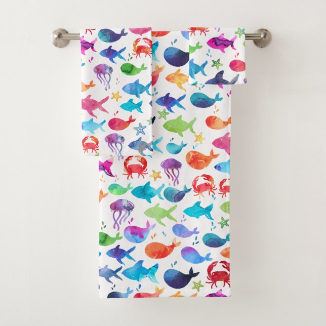 Regenbogen-Aquarell-Fische unter dem Badhandtuch Set (Insitu)