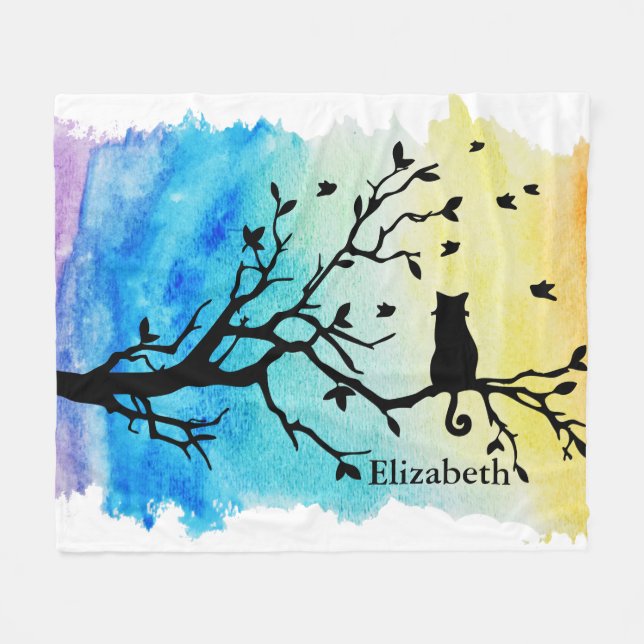 Regenbogen-Aquarell-Schwarz-Baumast mit Katze Fleecedecke (Vorderseite (Horizontal))